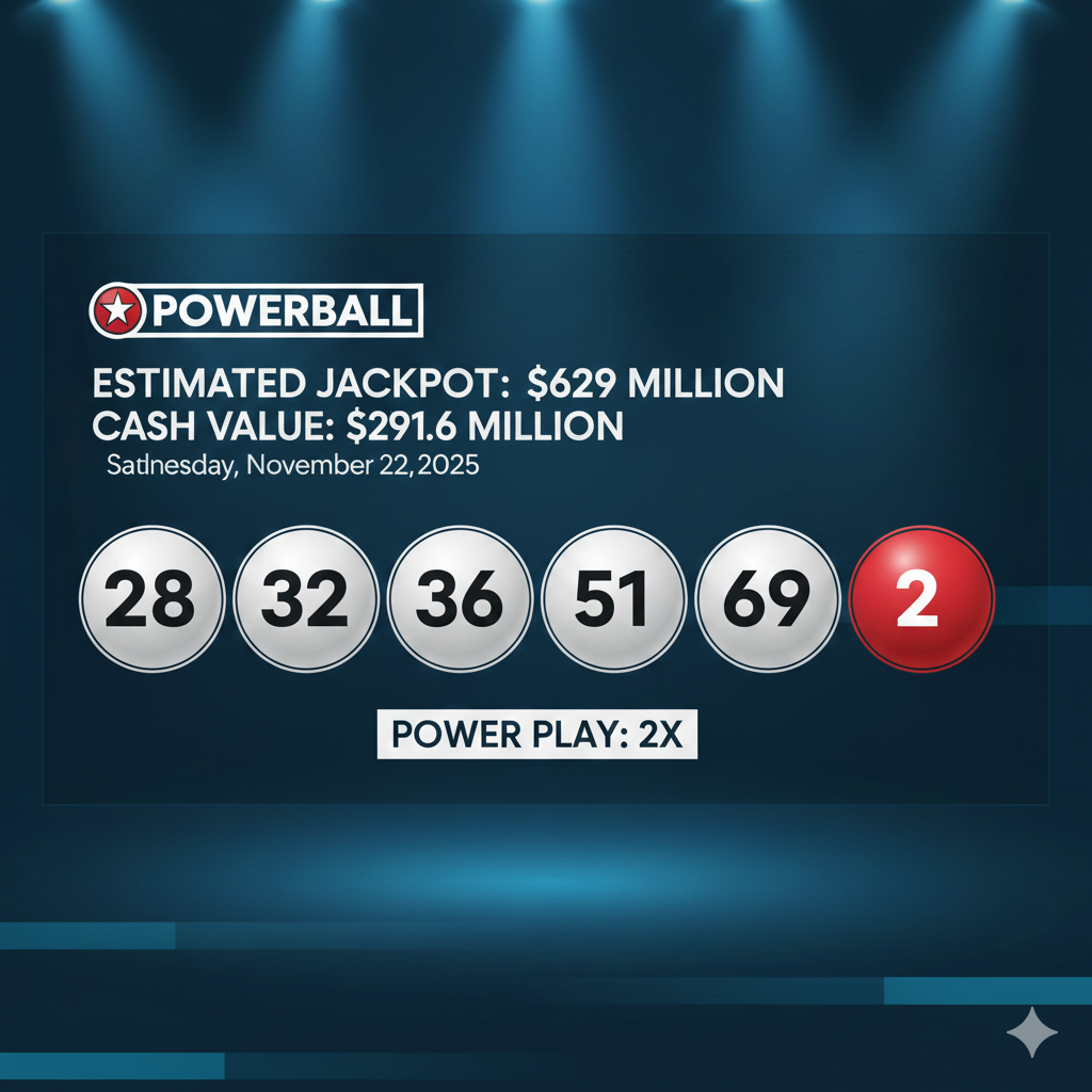 An image showing the winning Powerball numbers for the November 22, 2025 drawing.