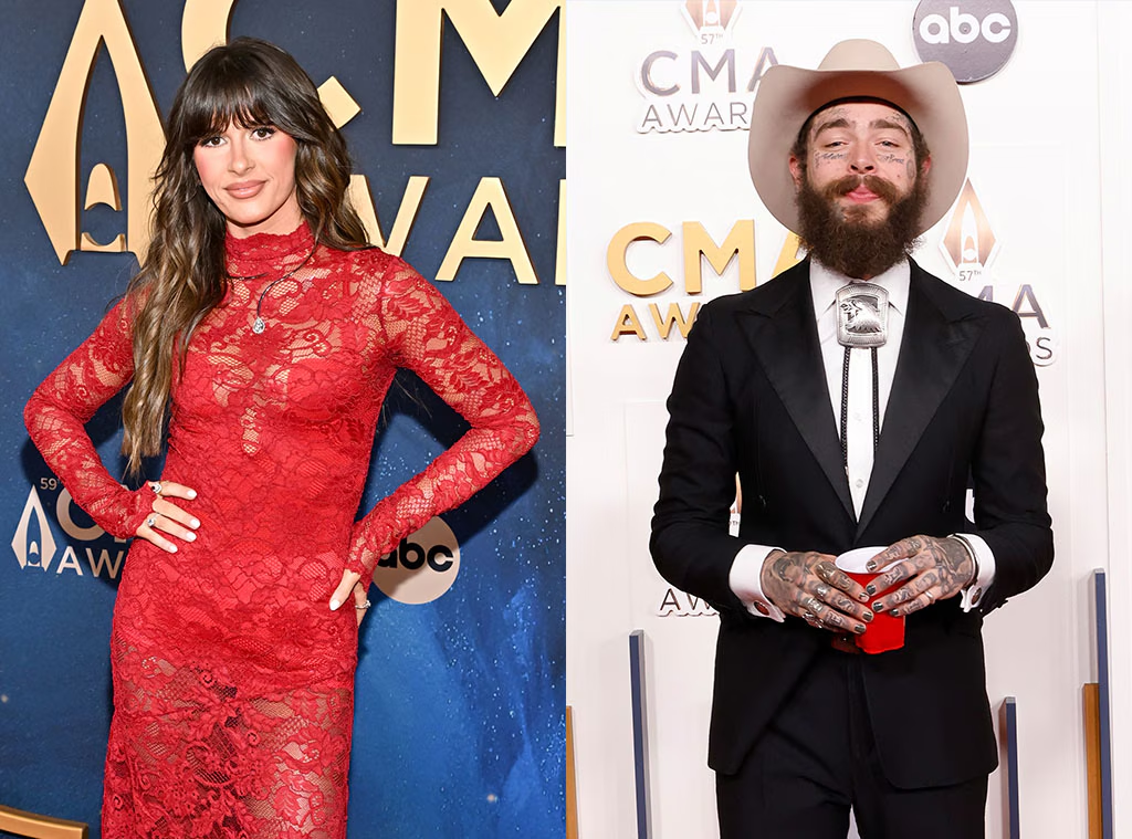A photo of country music stars posing on the red carpet or accepting an award at the CMA Awards ceremony.