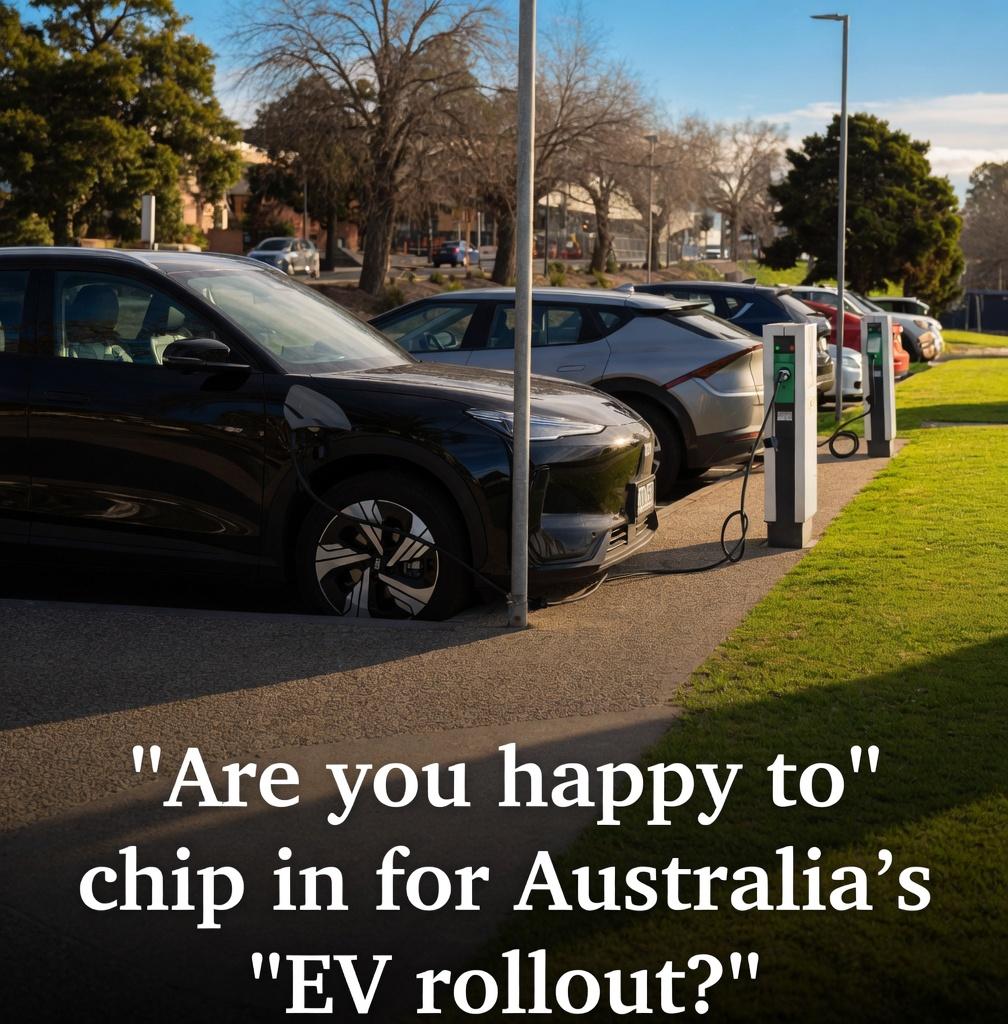Electric vehicle charging station in an Australian parking lot with text questioning the chip in for rollout