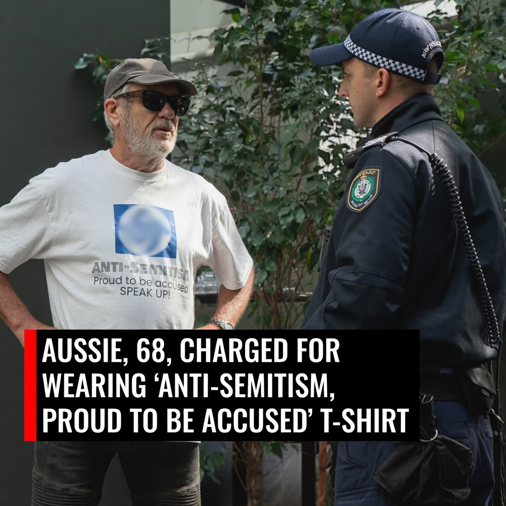 Absolute Shocker: Sydney Man Charged Over Offensive 'Anti-Semitism' T-Shirt Outside Royal Commission Hearing! 1 Sydney police officer speaking to a man wearing a controversial anti-Semitism t-shirt outside the Royal Commission