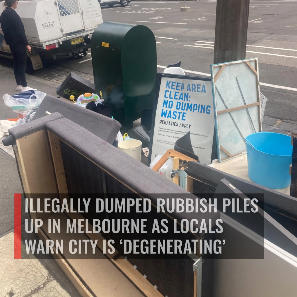 Illegal rubbish dumping on Batman Street Melbourne with council warning sign