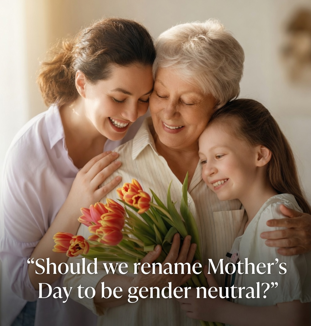 Three generations of women holding tulips with text about renaming Mother's Day