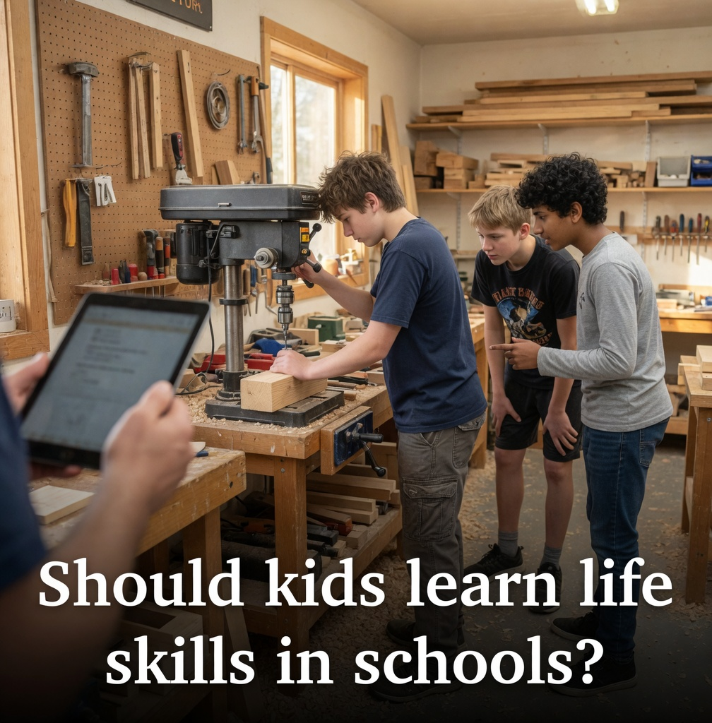 Students in a woodworking class learning practical life skills with a teacher