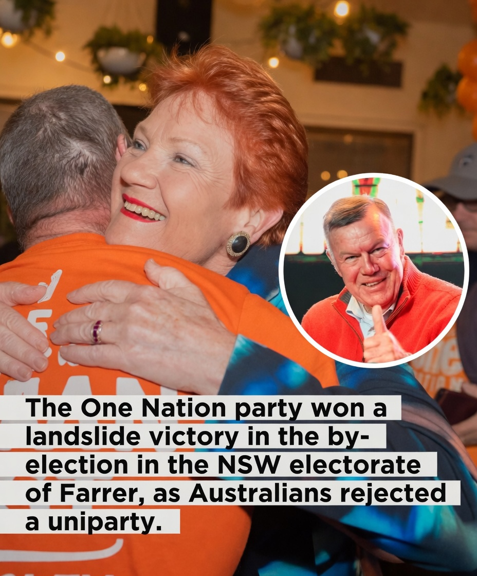 Pauline Hanson hugging a supporter with David Farley inset celebrating Farrer landslide