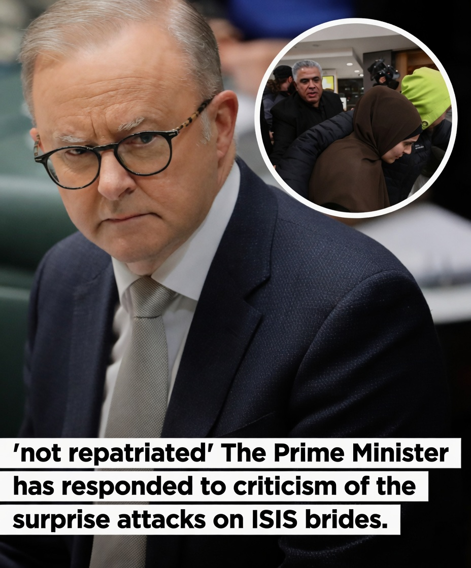 Prime Minister Anthony Albanese looking stern with inset of burqa-clad ISIS bride