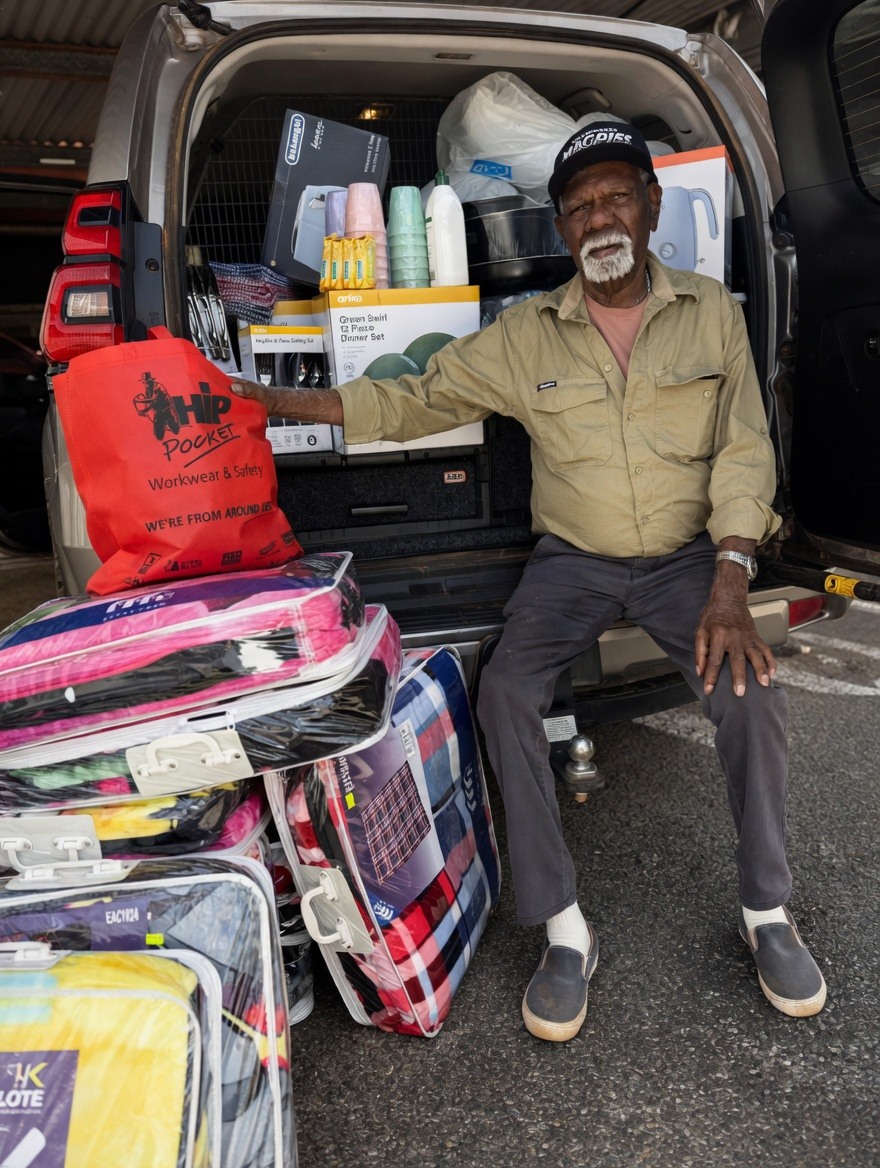 Warlpiri Elder Robin Japanangka Granites with donated goods in Alice Springs