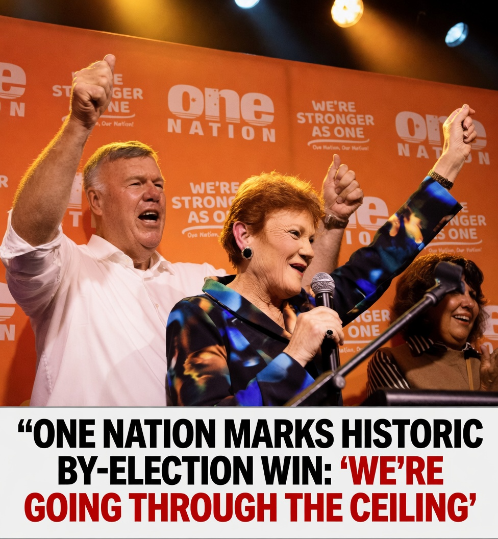 David Farley and Pauline Hanson celebrating historic Farrer by-election victory
