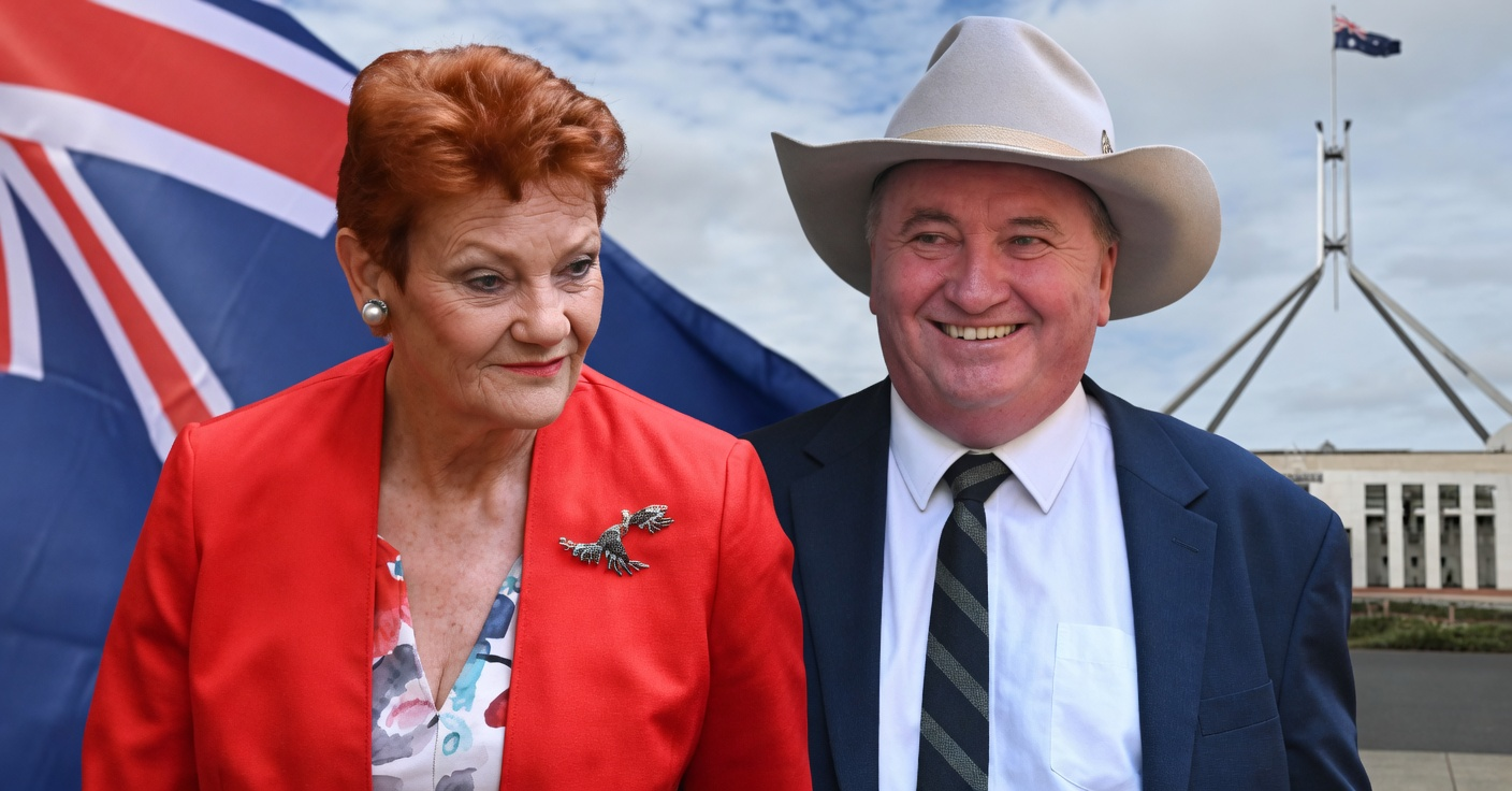 Pauline Hanson and Barnaby Joyce standing together with text about theoretical government roles