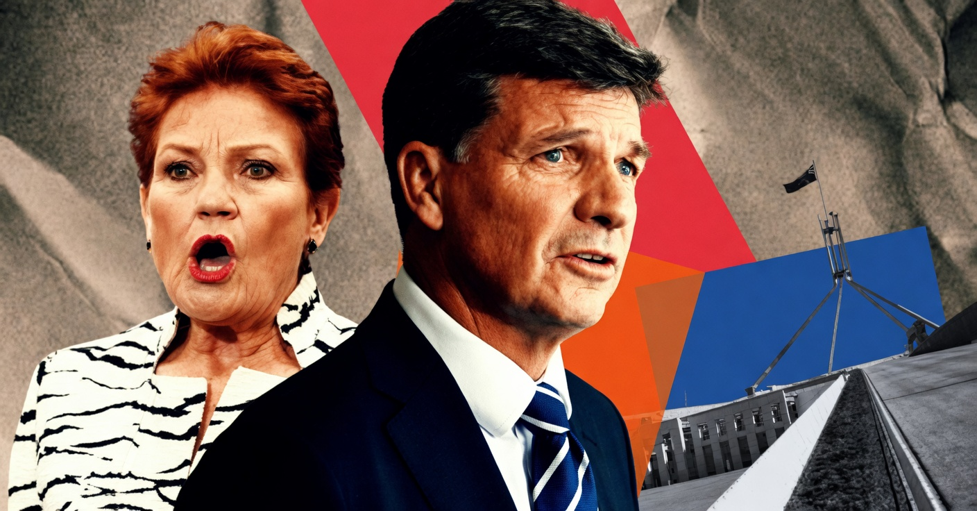 Pauline Hanson and Angus Taylor with Parliament House background