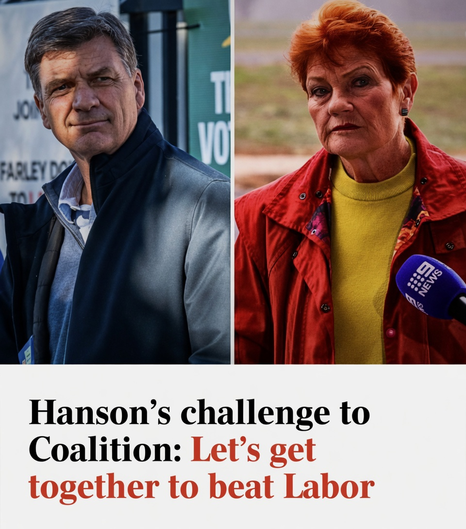 Angus Taylor and Pauline Hanson side by side with the text Hanson's challenge to Coalition