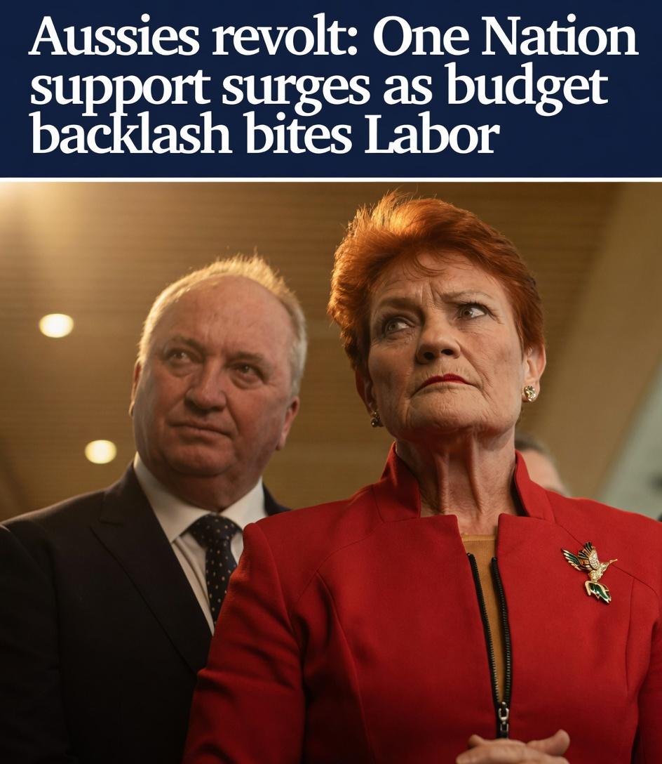 Pauline Hanson and Barnaby Joyce with headline about Aussies revolt against Labor budget