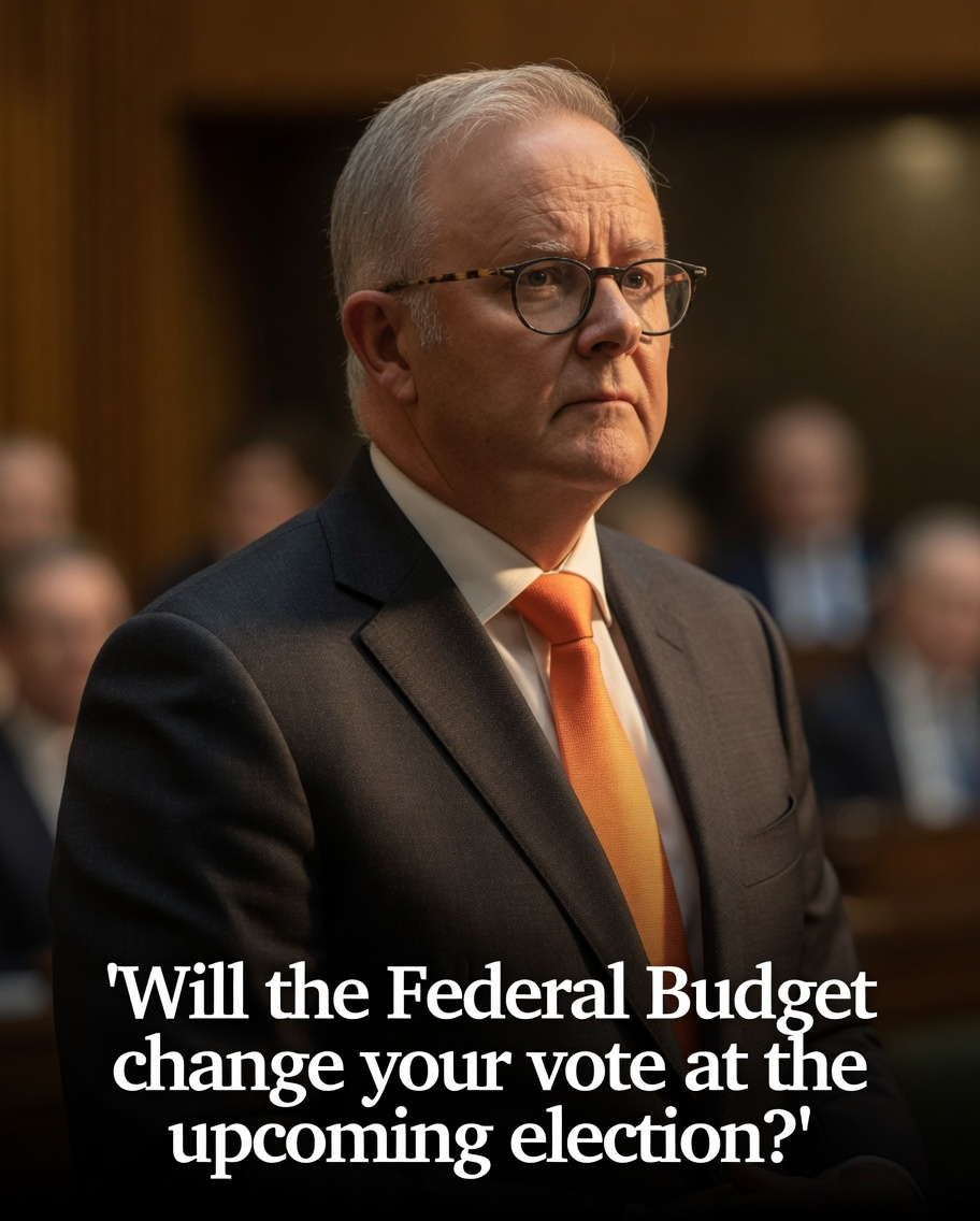 Prime Minister Anthony Albanese looking stern with budget voting question overlay