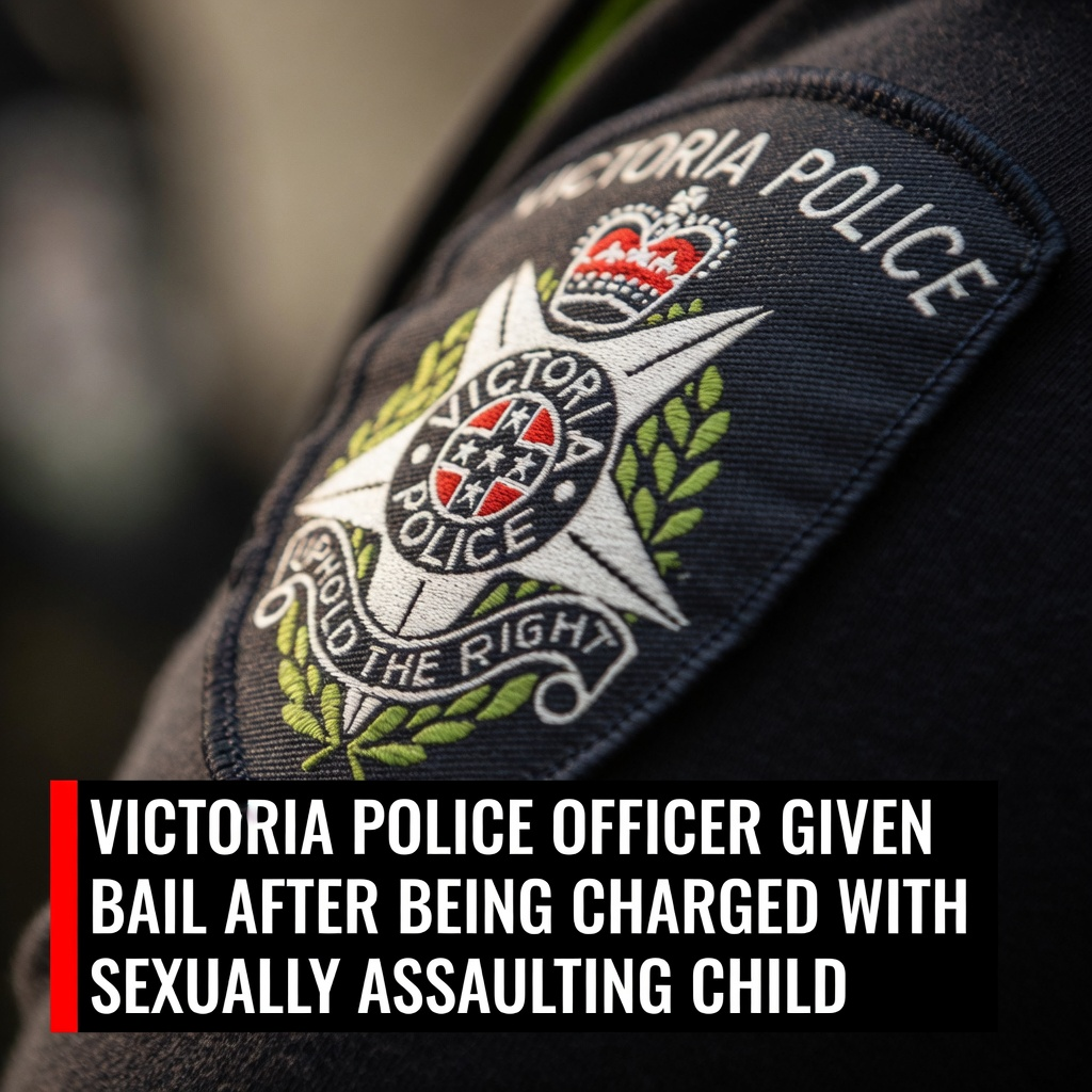 Close-up of a Victoria Police shoulder patch on a dark blue uniform sleeve