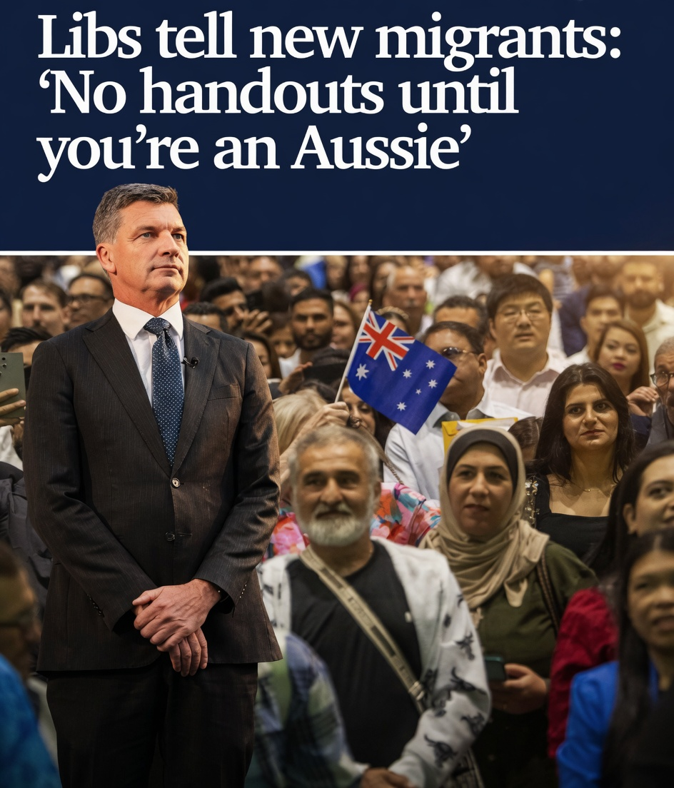 Angus Taylor standing before a diverse crowd of new migrants with an anti-handout headline