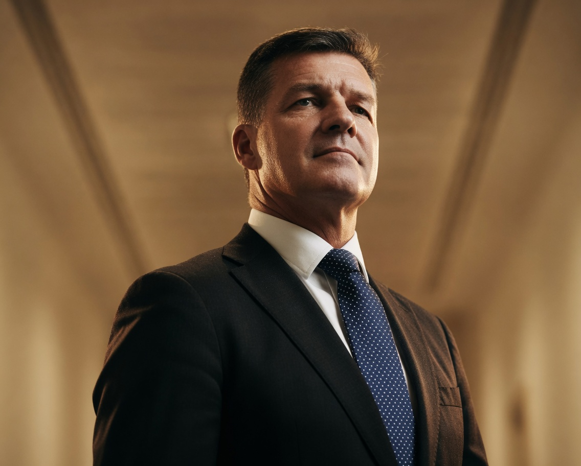 Angus Taylor looking upwards in a dramatic low-angle corridor shot at Parliament House