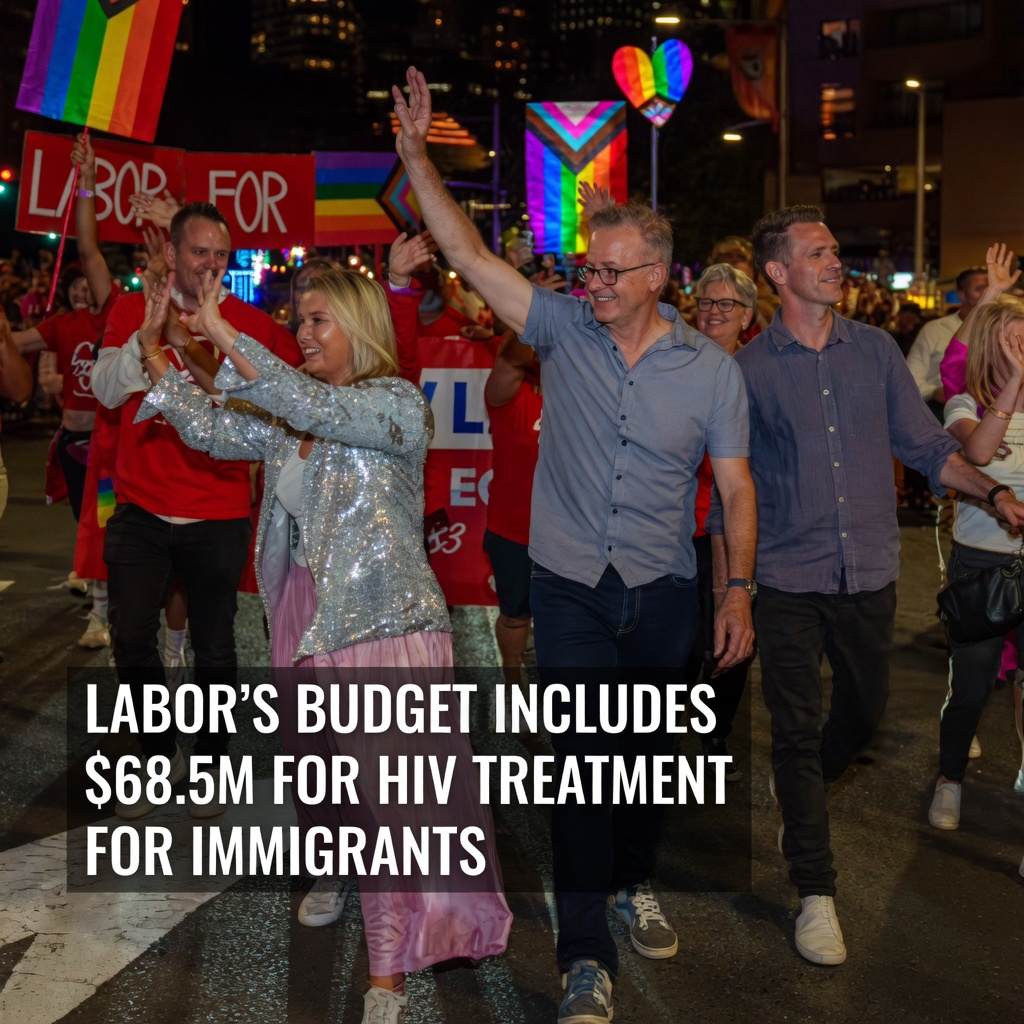 Anthony Albanese and Alex Greenwich waving during a street parade with a text overlay about HIV budget funding