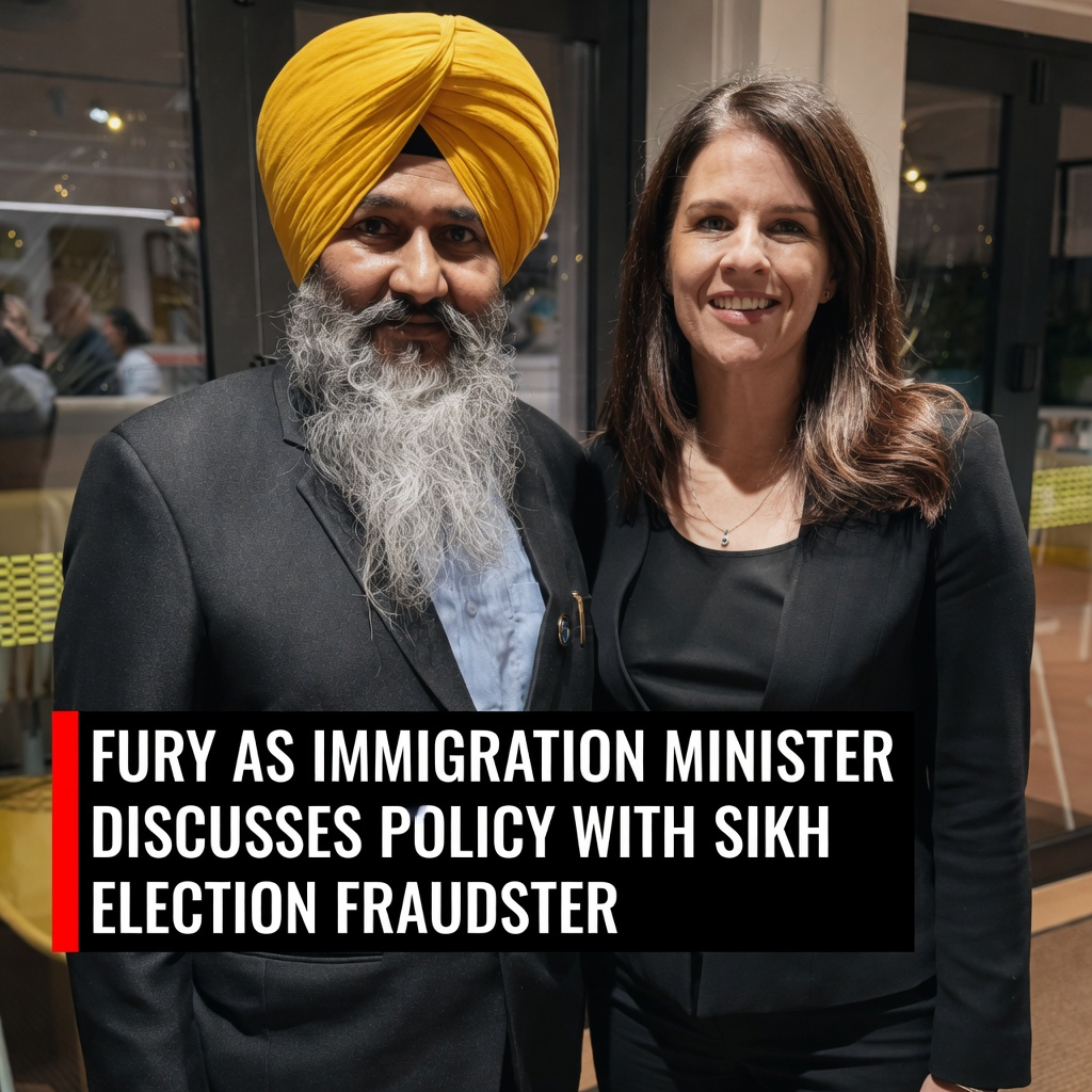 Erica Stanford standing next to turbaned Sikh leader Daljit Singh with a bold text overlay
