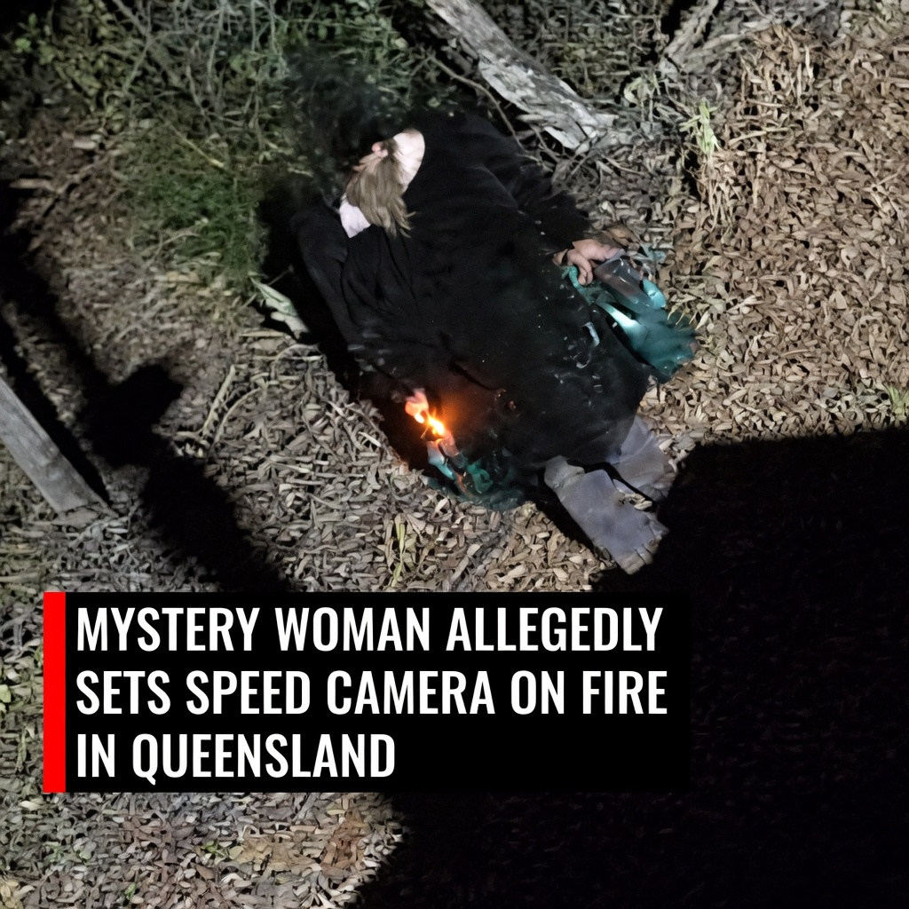 CCTV image of a hooded woman standing near a fire next to a speed camera trailer