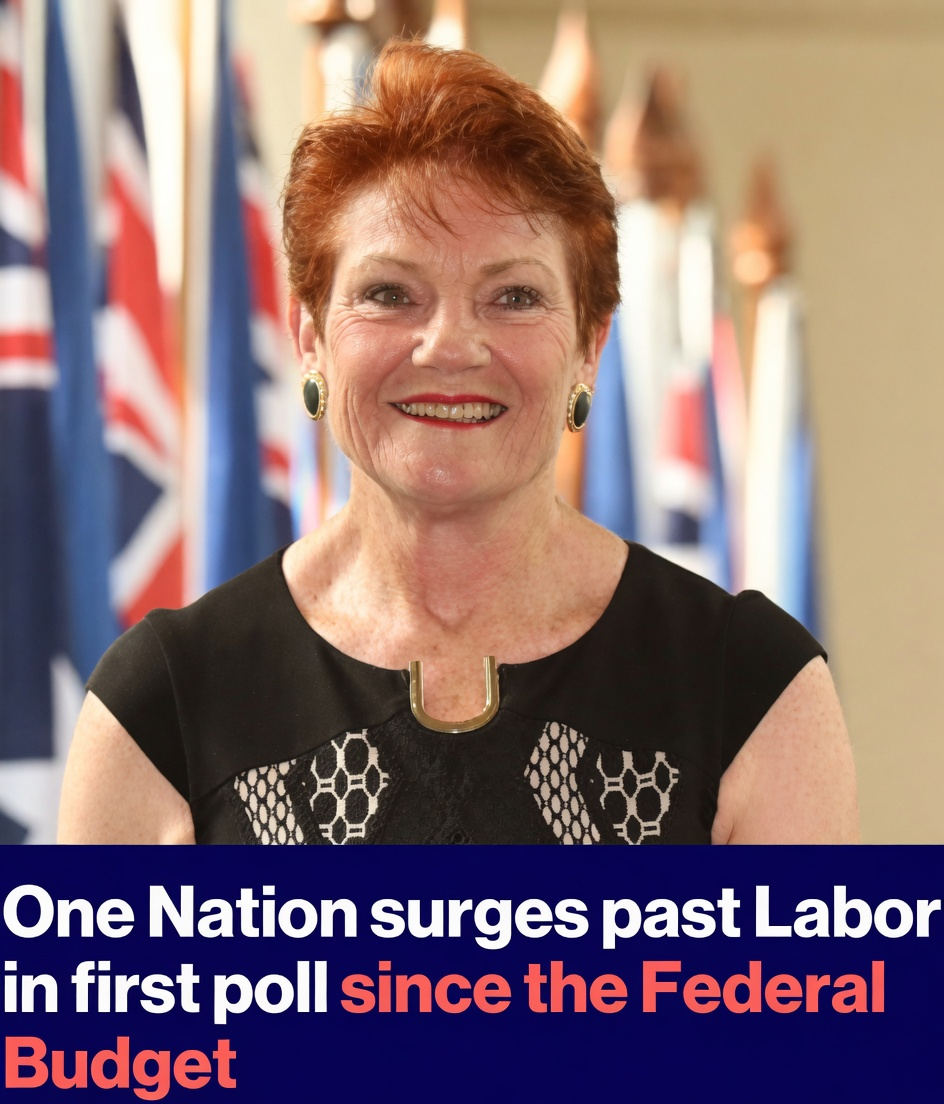 Close up portrait of smiling Pauline Hanson with flags background and budget poll headline