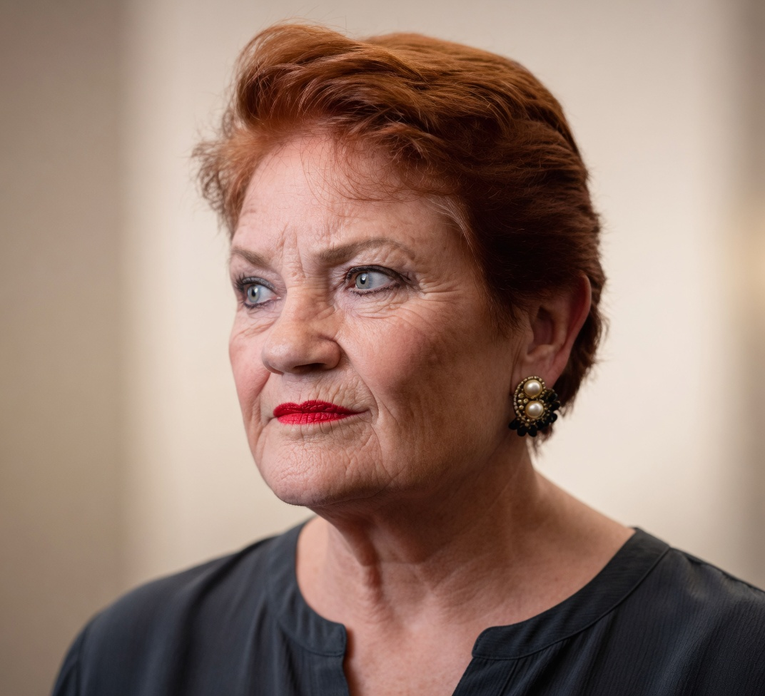 Close up profile portrait of a determined Pauline Hanson with red lipstick and pearl earring