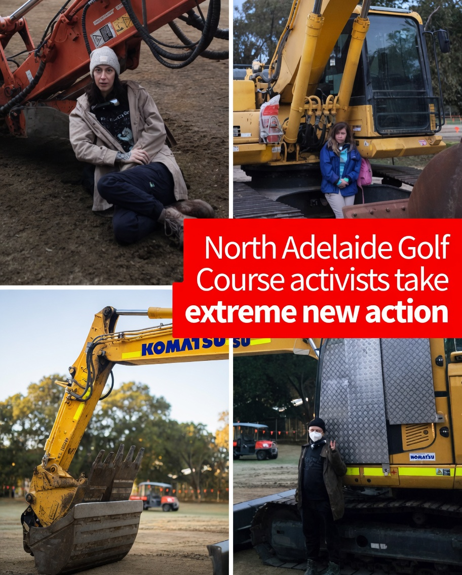 Four-panel image showing various eco-activists chained to heavy Komatsu excavators at North Adelaide