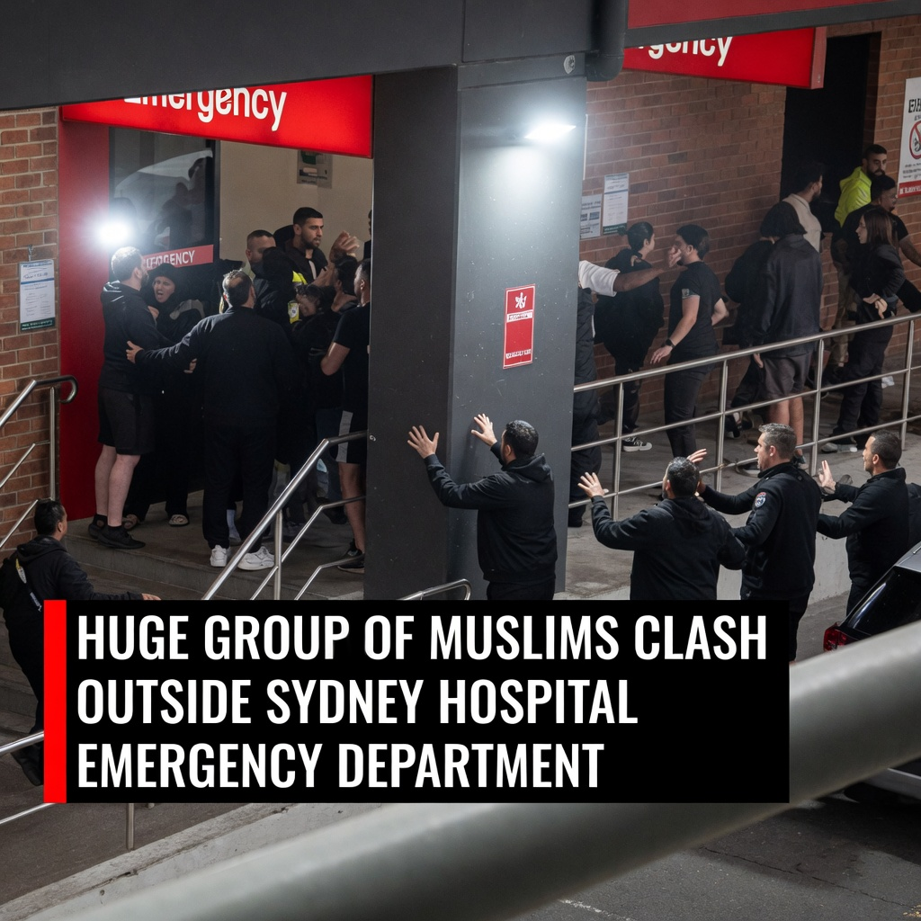 Riotous crowd of black-clad men clashing with security officers outside Sydney Emergency Room