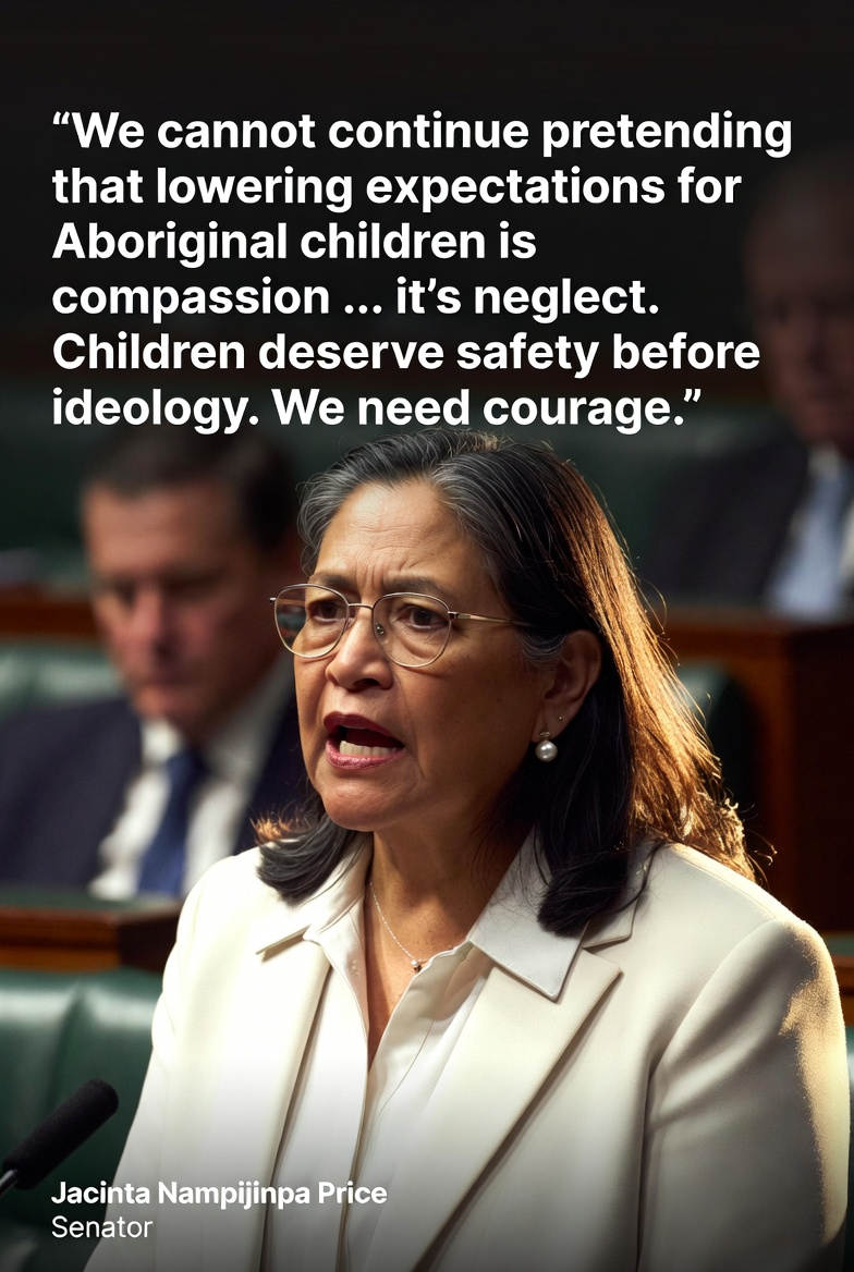 Senator Jacinta Nampijinpa Price delivering an emotional speech in the Senate chamber with a bold quote overlay
