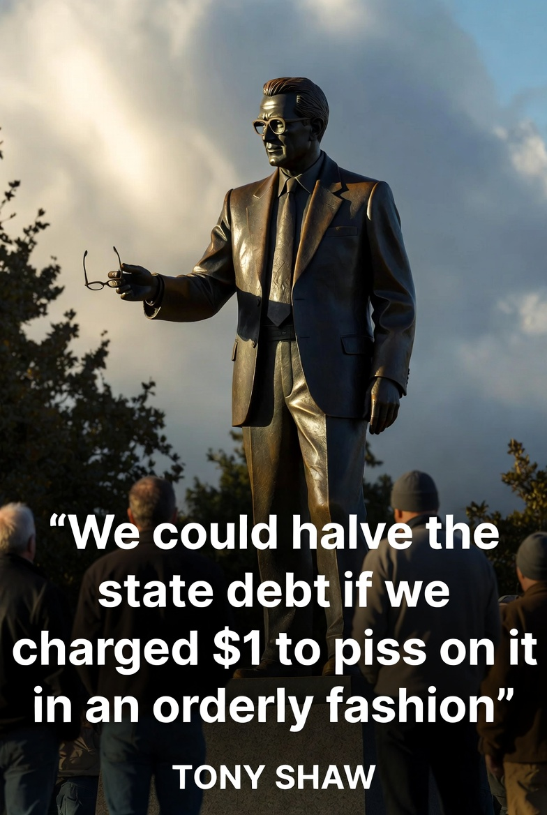 Taxpayer Waste Shocker: Dan Andrews Statue Sparking Furious Victorian Backlash As Tony Shaw Slams Multi-Billion Budget Debt Disaster! 1 Bronze statue of a politician with Tony Shaw quote about halving the state debt