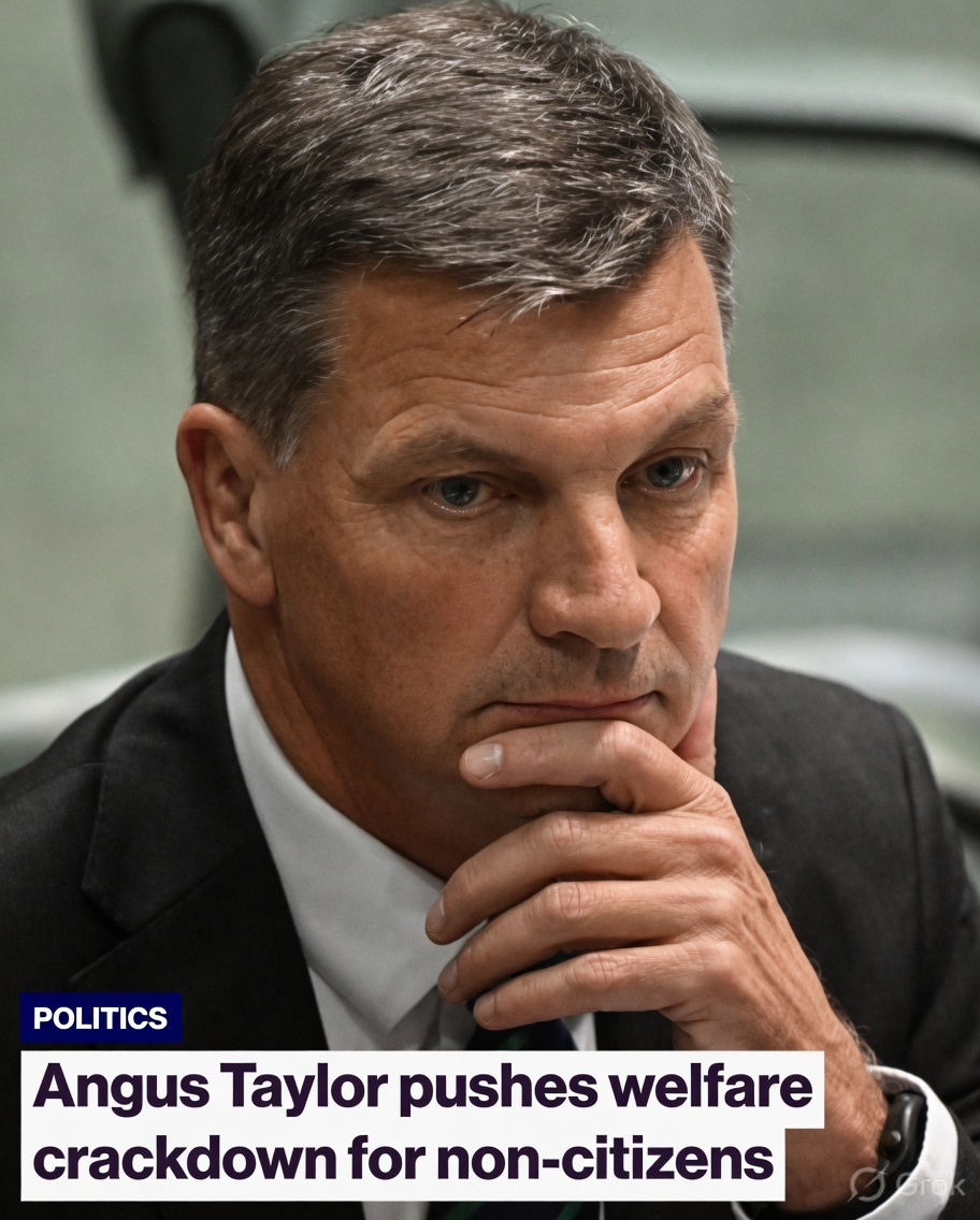 Budget Reply Shocker: Angus Taylor Unleashes Blistering Welfare Crackdown For Non-Citizens In Bid To Save Billions! 1 Angus Taylor looking serious with chin on hand next to a bold welfare crackdown headline