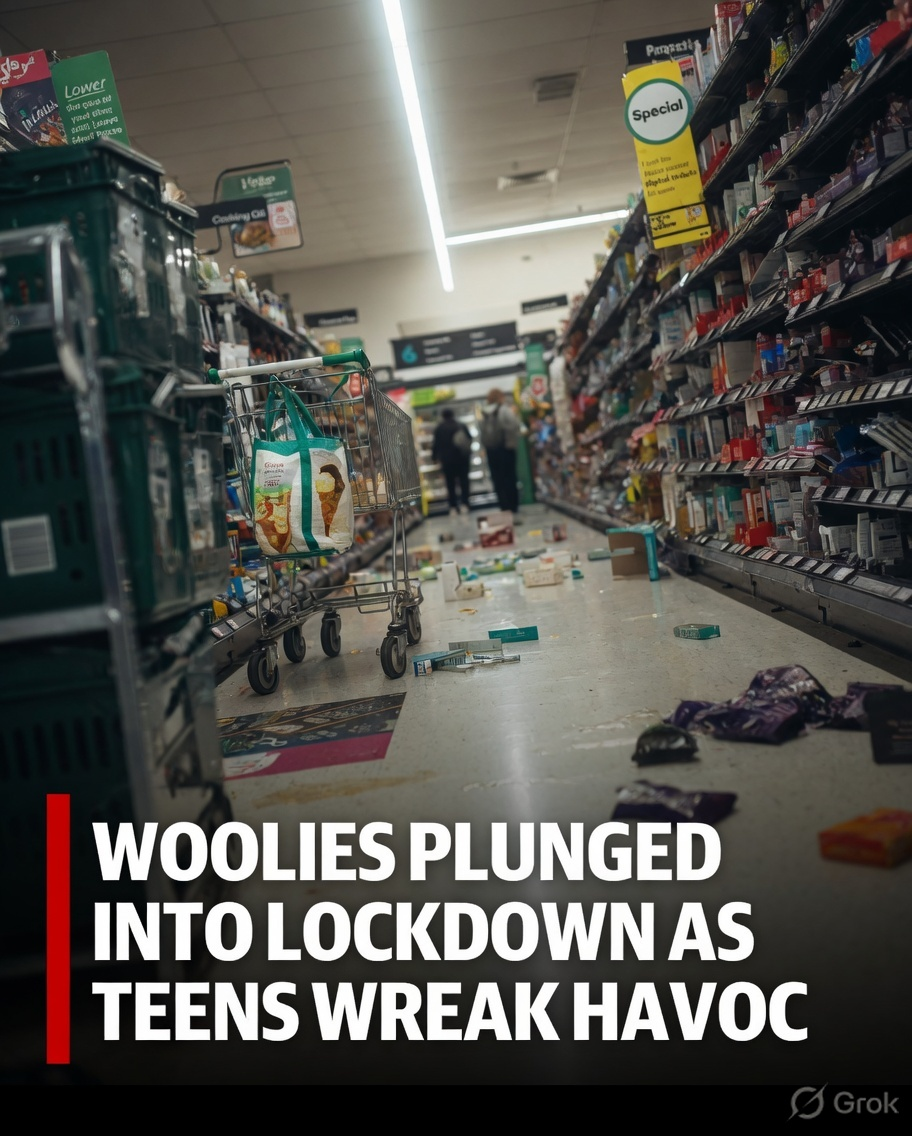 Smashed groceries and abandoned shopping trolley inside a locked-down Woolworths aisle