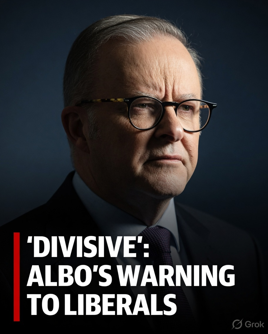 Stern portrait of Anthony Albanese with glasses and purple tie next to a bold divisive headline