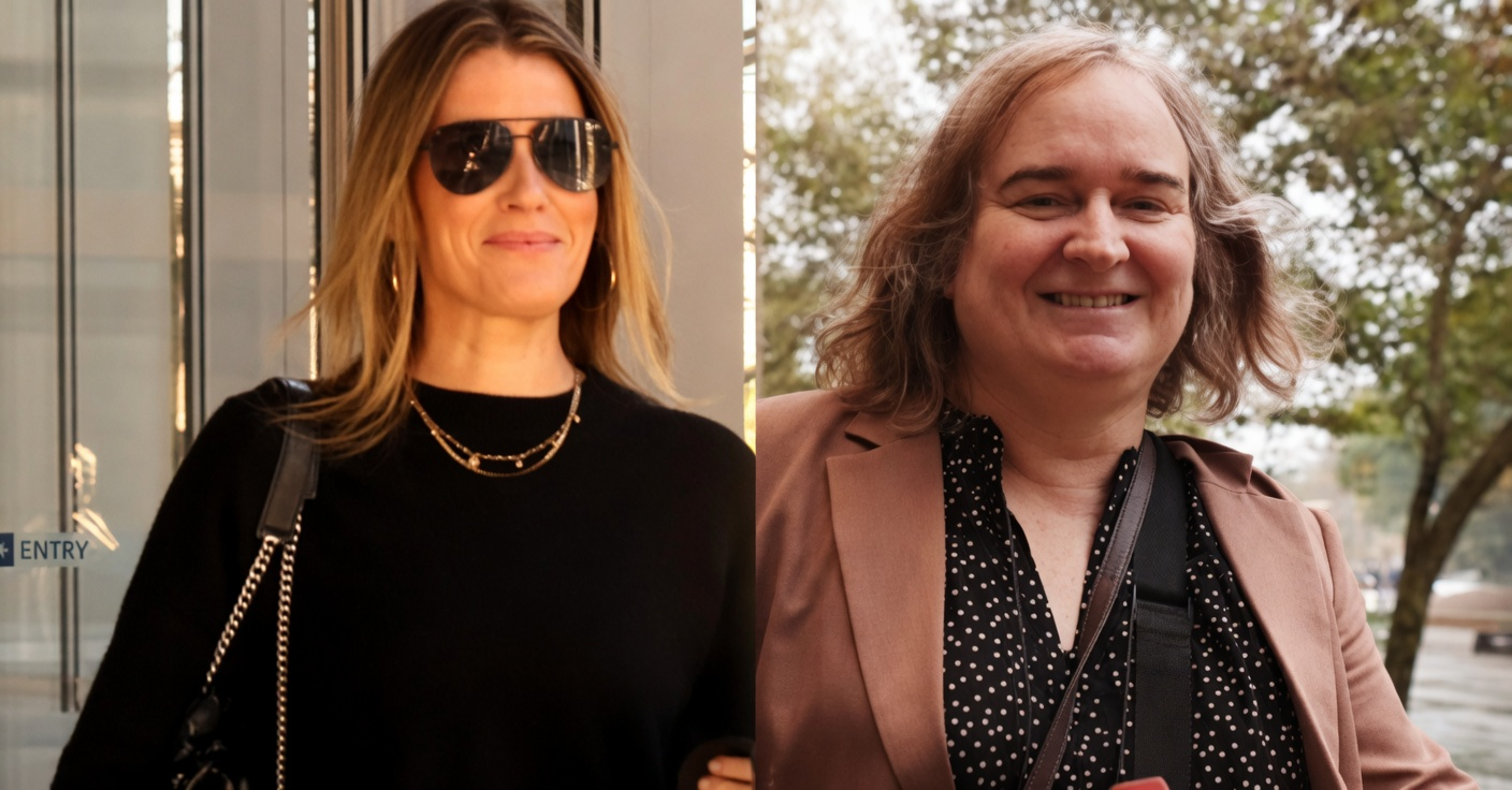 Sall Grover in sunglasses and Roxanne Tickle in a brown blazer next to a bold discrimination verdict headline