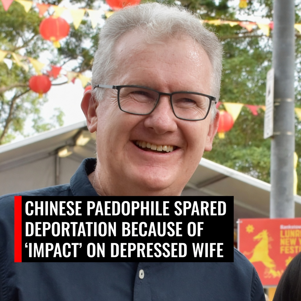 Home Affairs Minister Tony Burke smiling at the Bankstown Lunar New Year Festival with a bold headline bar