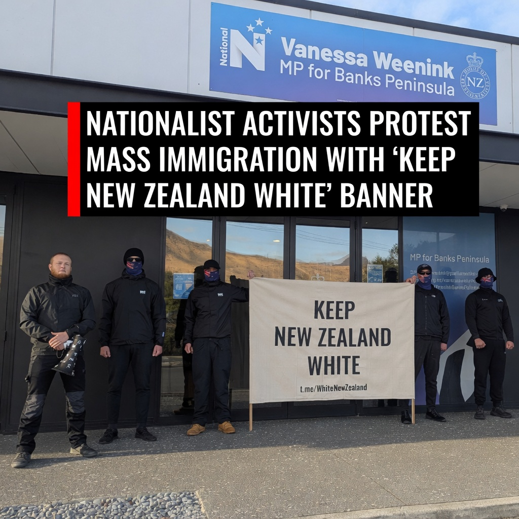 Black-clad nationalist activists holding a Keep New Zealand White banner outside Vanessa Weenink's office