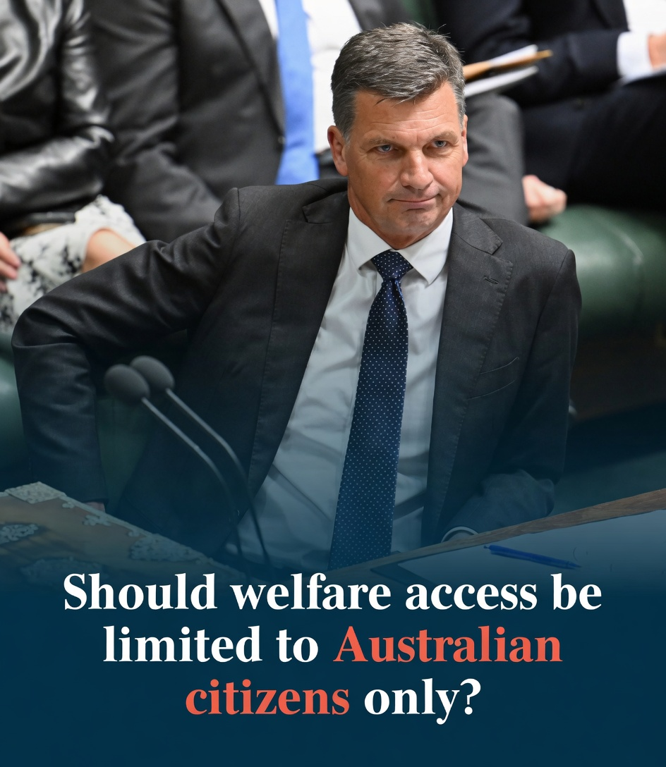 Angus Taylor sitting on green parliament benches next to a bold welfare citizen limit headline