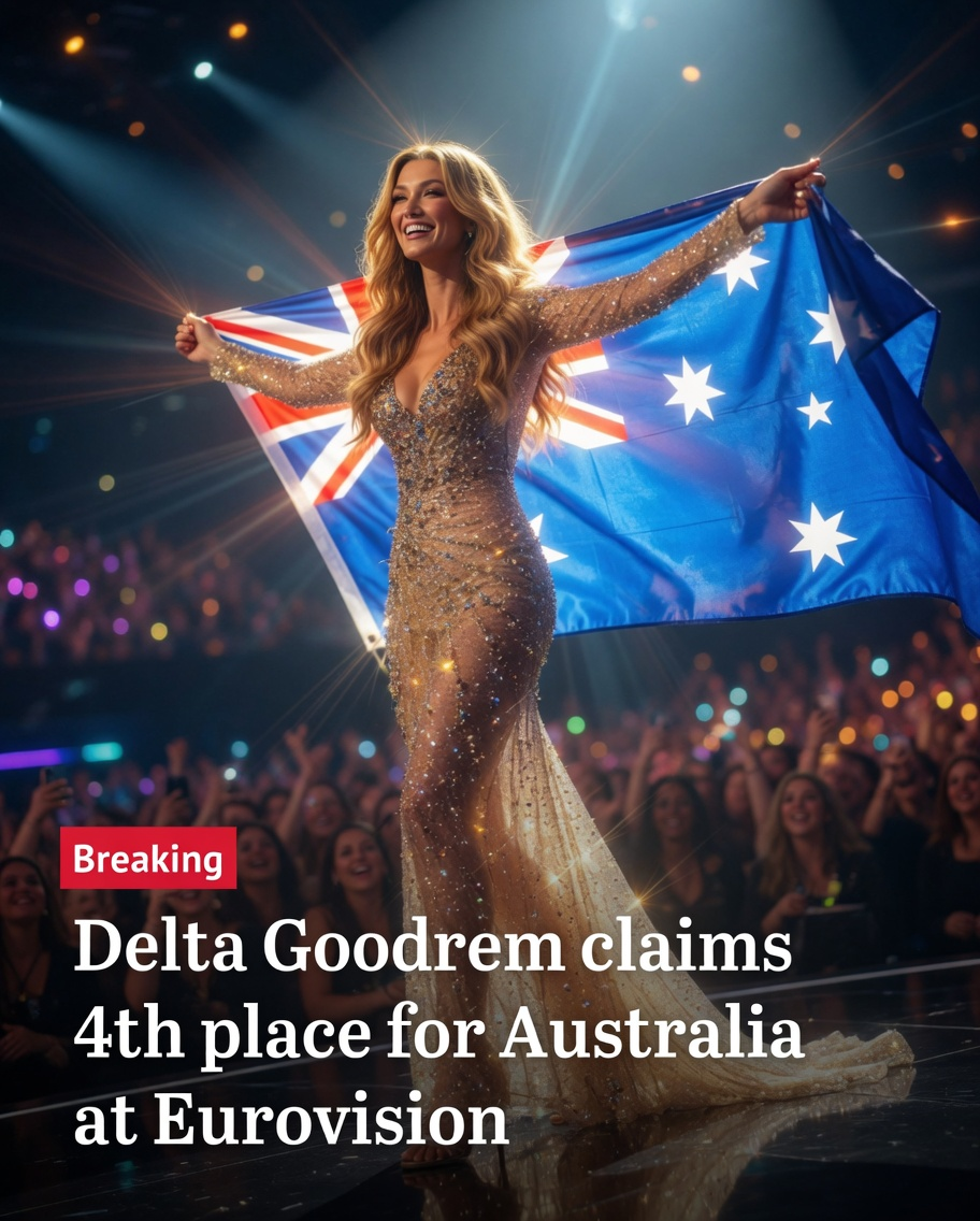 Delta Goodrem smiling in a sheer gold gown while hoisting the Australian flag on a stadium stage