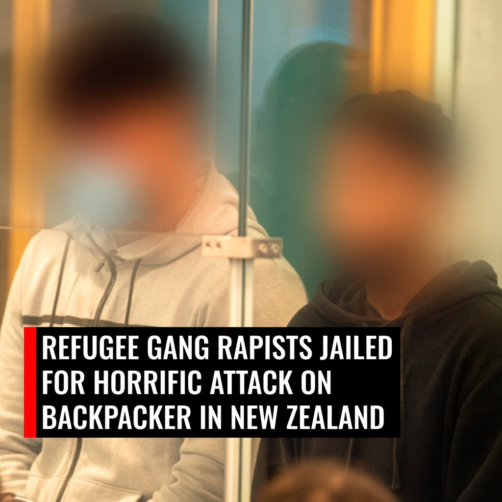 Two blurred refugee rapists sitting inside a glass courtroom dock with a bold headline overlay