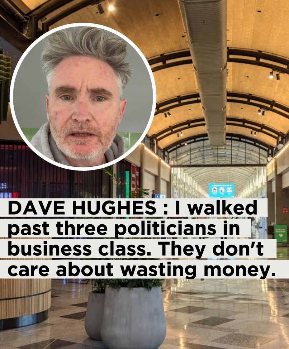 Circular inset of a disgruntled Dave Hughes over a modern airport terminal layout