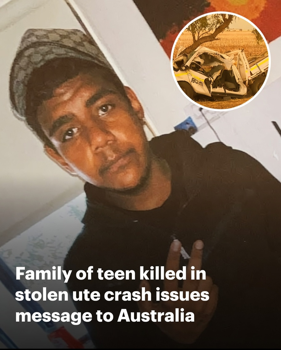 Portrait of teen Conroy in a checkered cap next to a circular inset of a crushed white utility vehicle