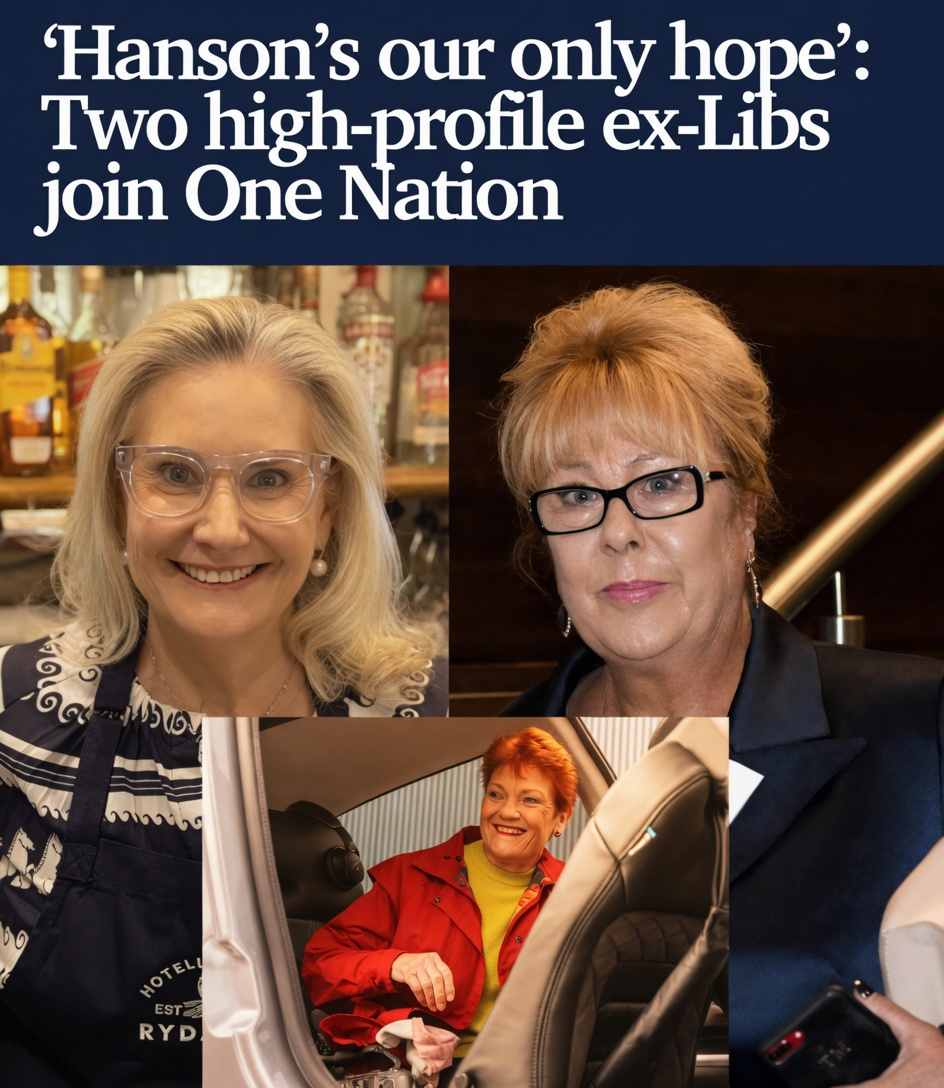 Hollie Hughes in clear glasses and Teena McQueen in black glasses next to a smaller inset of a smiling Pauline Hanson