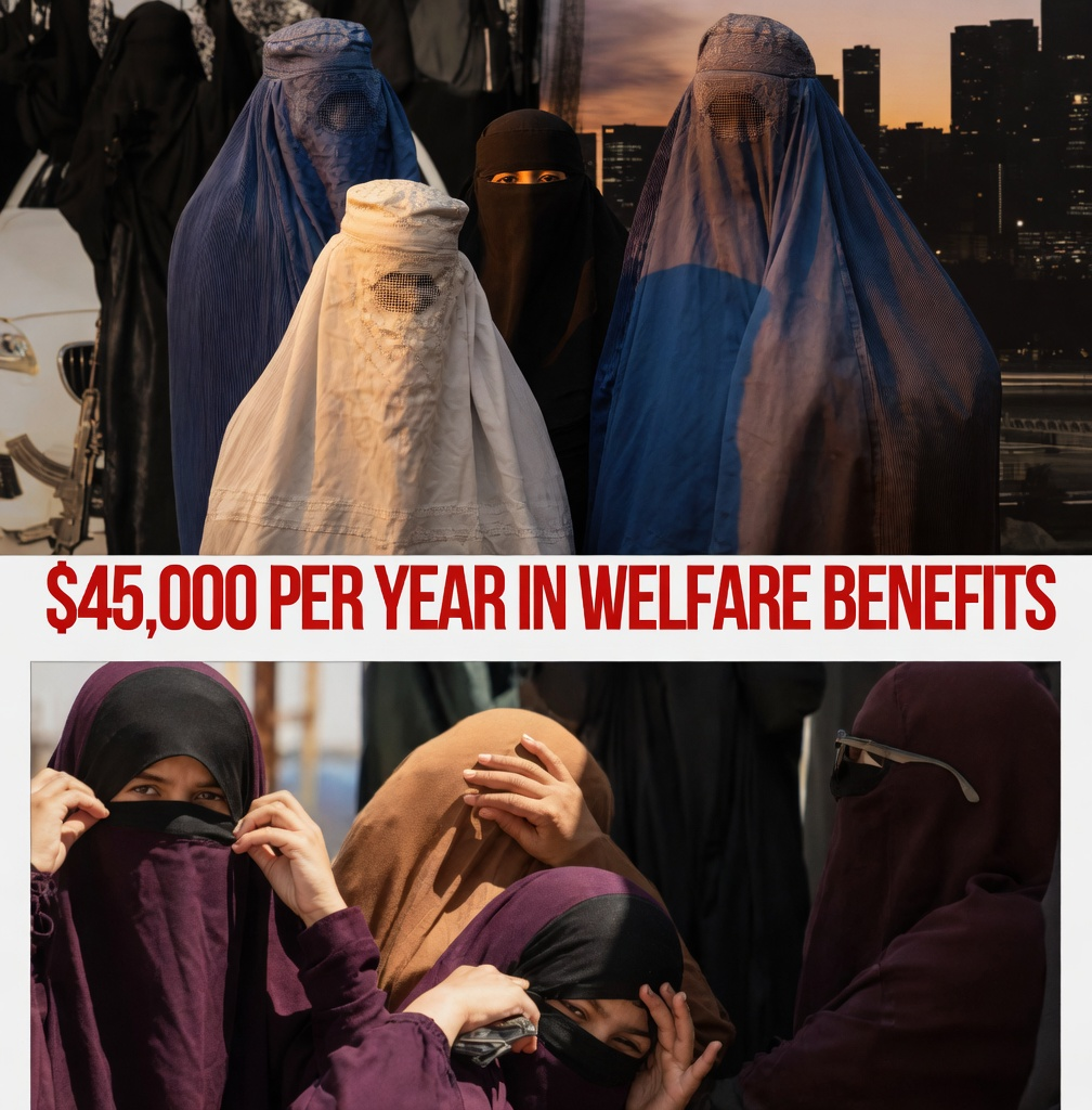 Group of women in traditional burqas and niqabs next to a bold forty-five thousand dollar welfare headline