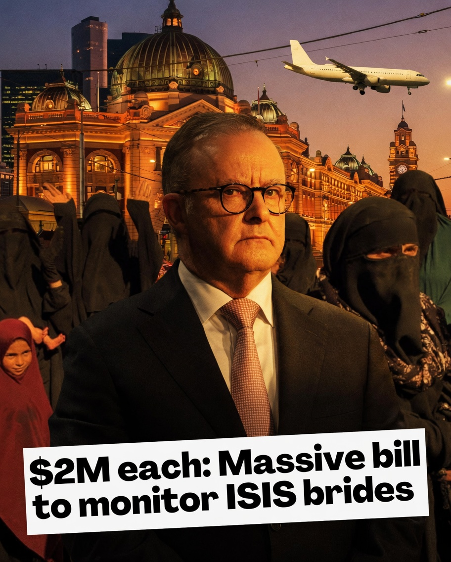 Anthony Albanese in a tie next to masked niqab figures and Flinders Street Station under a landing plane