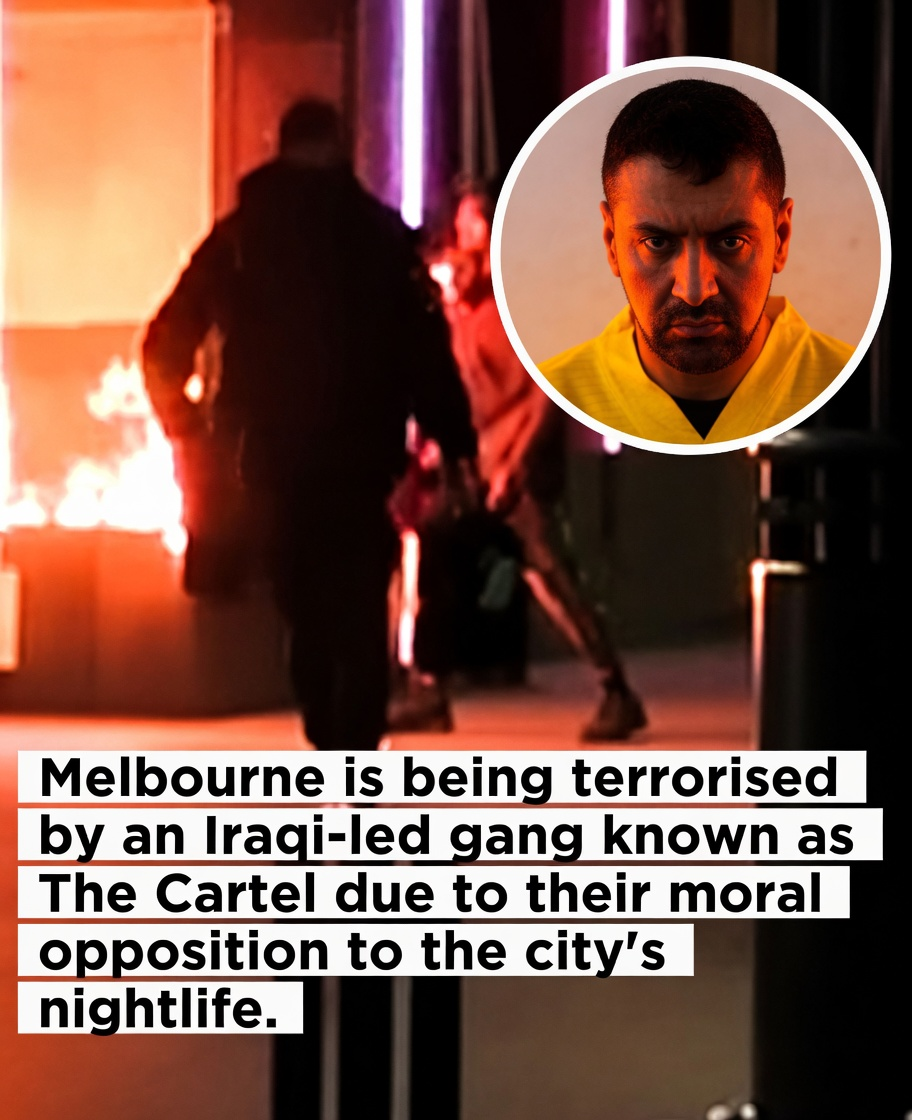 Suburban Terror Shocker: Iraqi-Led Gang 'The Cartel' Launches Over 30 Firebombings To Wipe Out Melbourne Nightlife! 1 Black-clad arsonists running past an active fire next to a circular inset of a furious Middle Eastern gang member