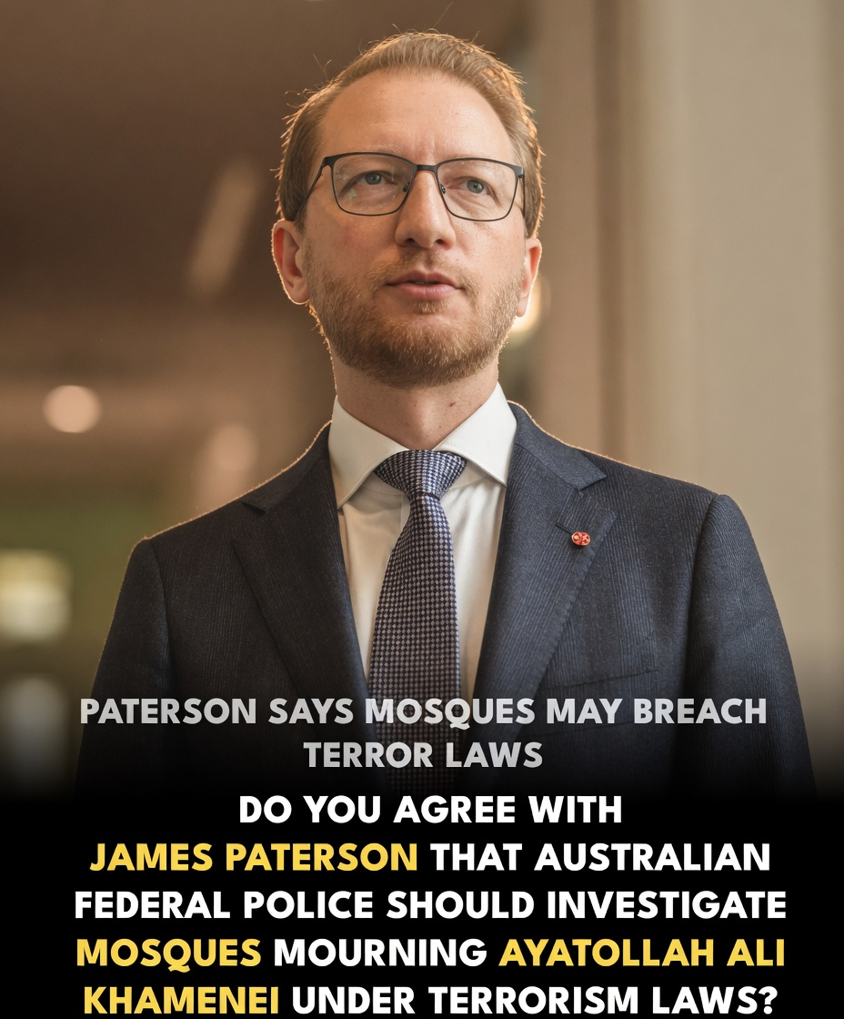 Terror Vetting Shockwave: James Paterson Demands Police Investigation Into Australian Mosques Mourning Ayatollah Ali Khamenei! 1 Senator James Paterson in glasses and a charcoal suit next to a bold terror law question headline