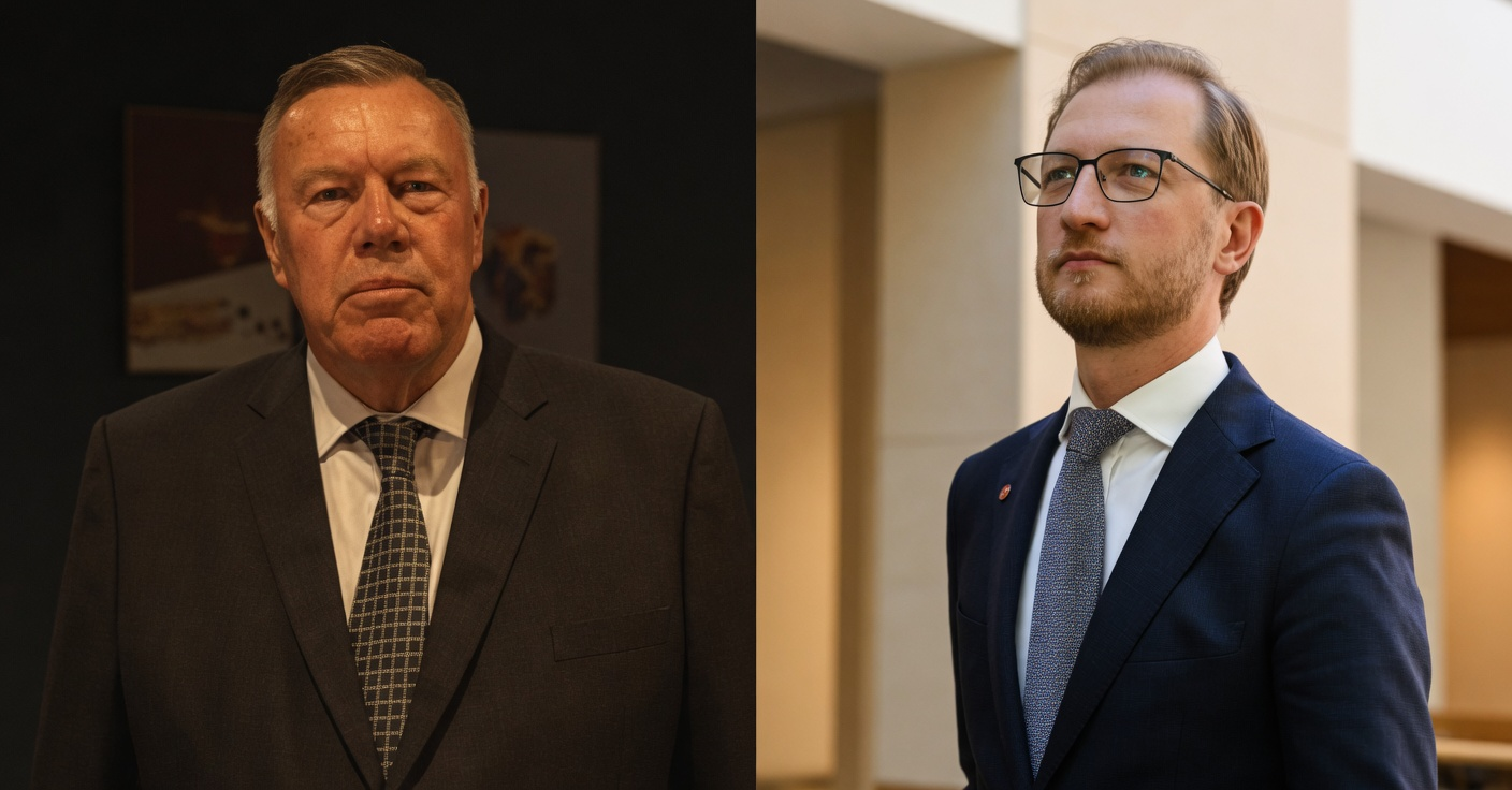 Split portrait of stern David Farley in a charcoal suit and Senator James Paterson in navy blazer panels
