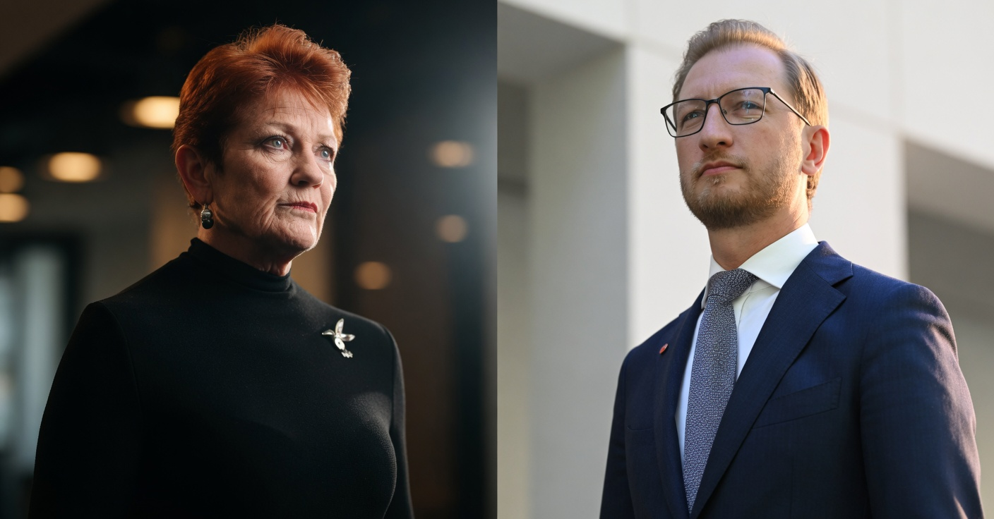 Split portrait of somber Pauline Hanson in a black turtleneck and Senator James Paterson in navy blazer panels