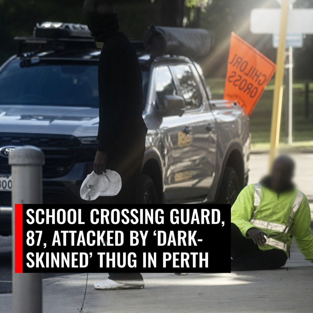 Black clad suspect walking past an injured elderly crossing guard on the Perth roadside bitumen grid