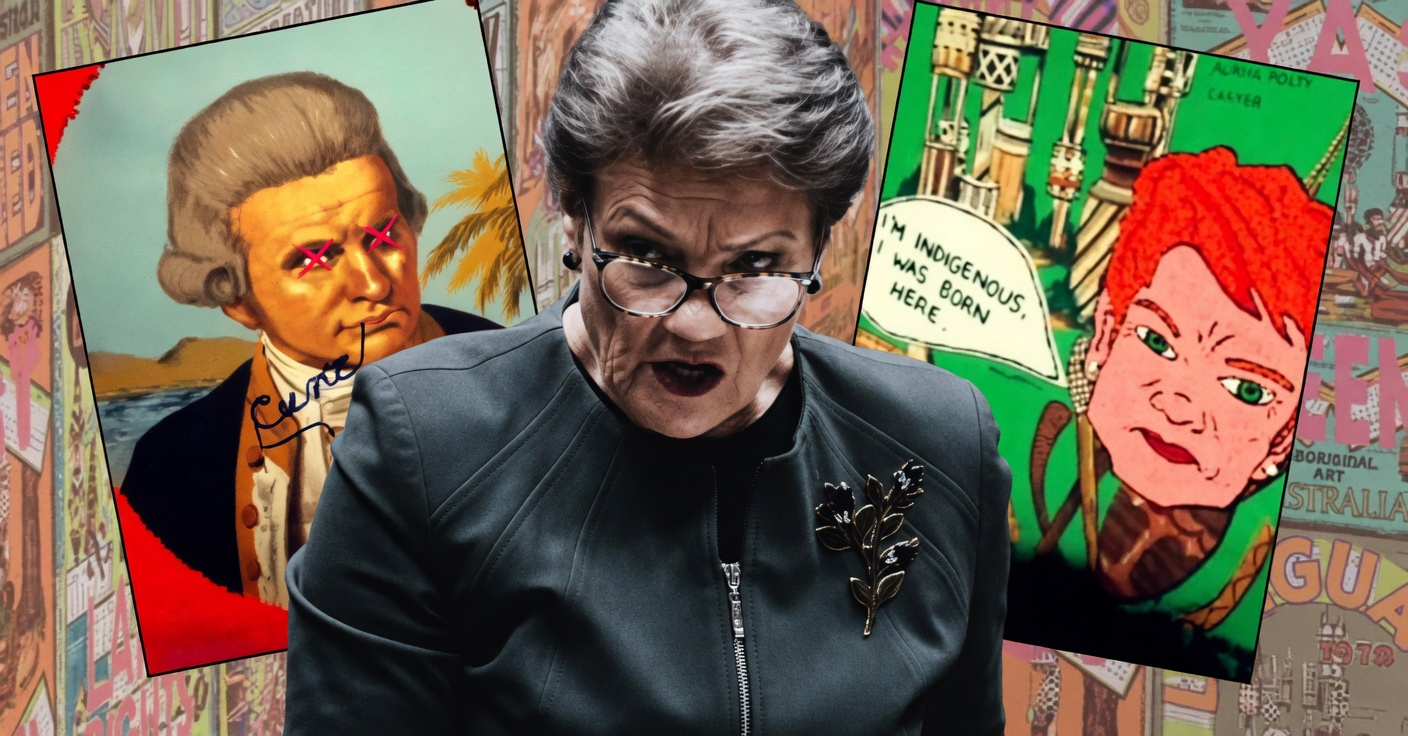 Pauline Hanson looking furious flanked by defaced Captain Cook and tea towel caricature art panels