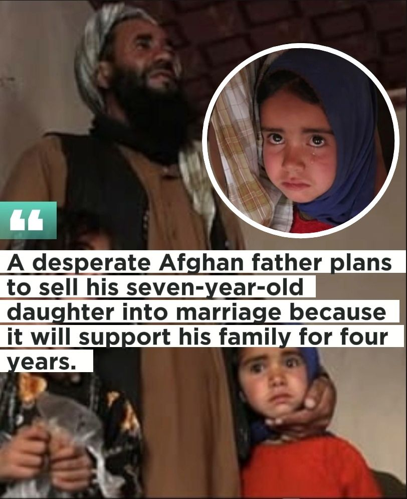 Close up portrait of a tearful young Afghan girl in a navy hijab next to her bearded father