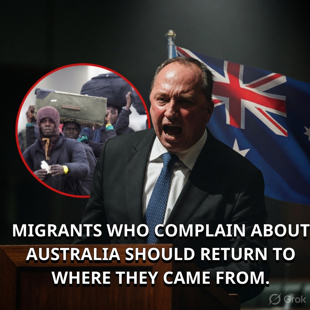 Peter Dutton shouting behind a podium next to a circular inset of dark skinned migrants carrying suitcases